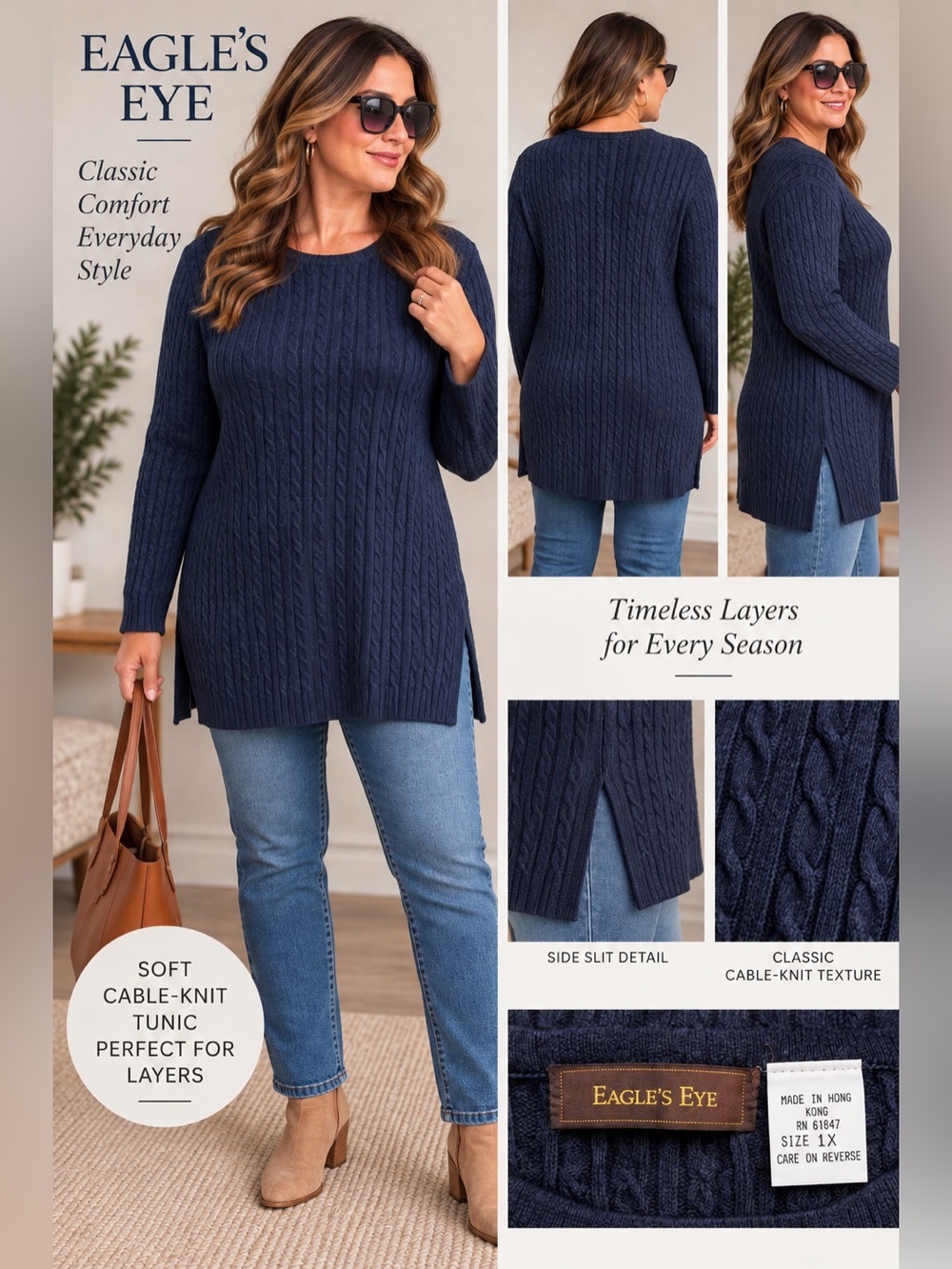 NWT Eagle’s Eye Classic Navy Baby Cable-Knit Women's Tunic Sweater